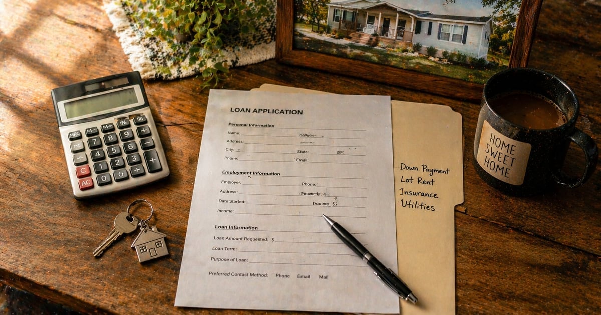 Manufactured home loan application, calculator, and keys on a rustic wood table