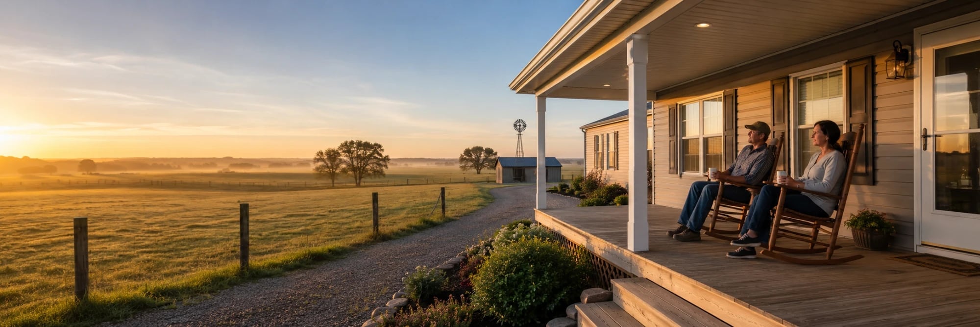 Couple having morning coffee in rocking chairs on their manufactured home porch, Texas windmill and misty pasture beyond