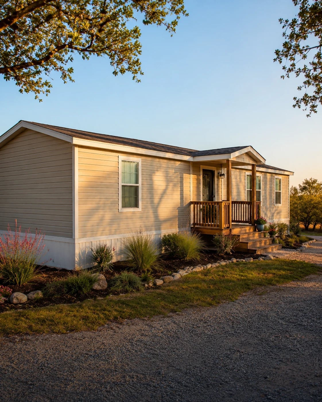 Single-wide manufactured home with front porch and landscaping at golden hour in Texas
