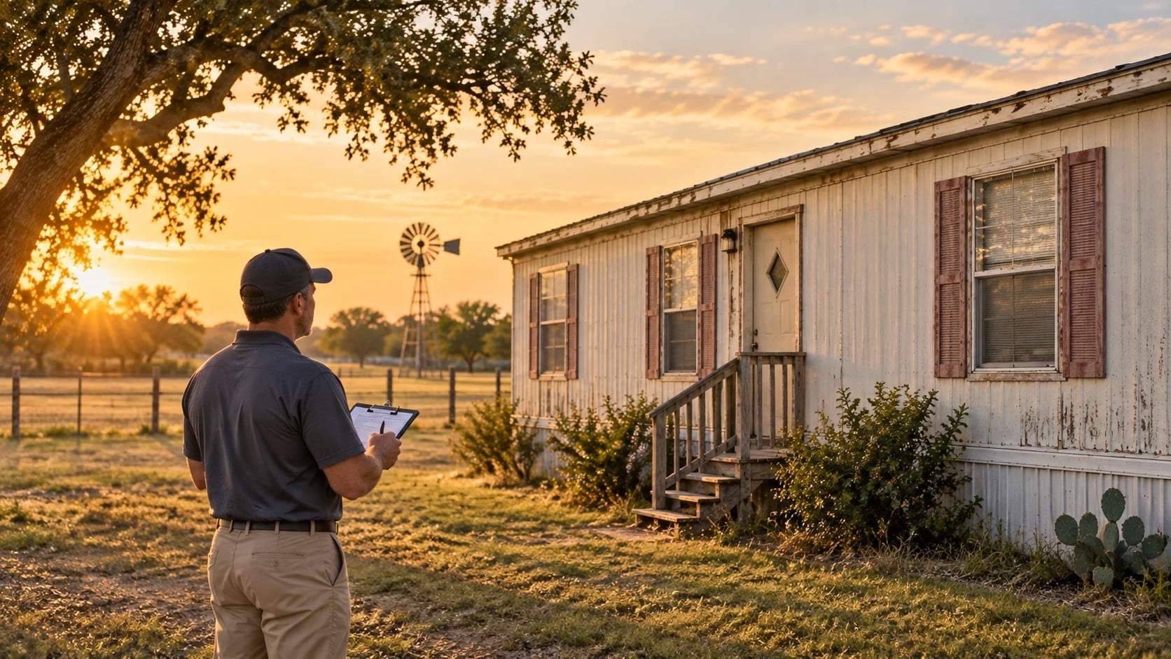 Texas Built Seguin representative with a clipboard evaluating an older single-wide manufactured home for trade-in at sunset