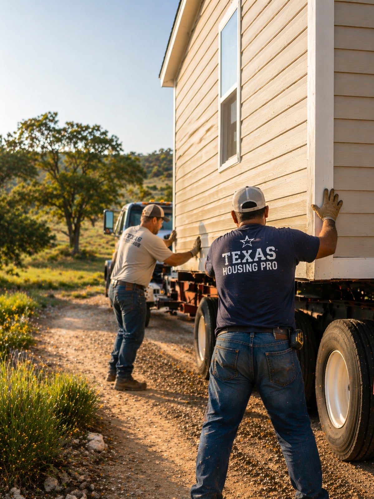 Texas Built Seguin delivery crew setting a new manufactured home on a rural Texas lot